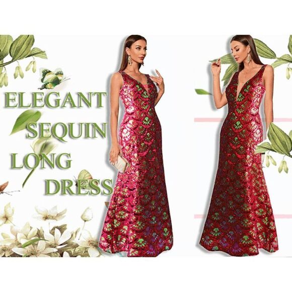 ✨❤️ Formal Red Sequin Mermaid Column Art Deco 1920s Long Gown Maxi Dress L NWT - Picture 7 of 13